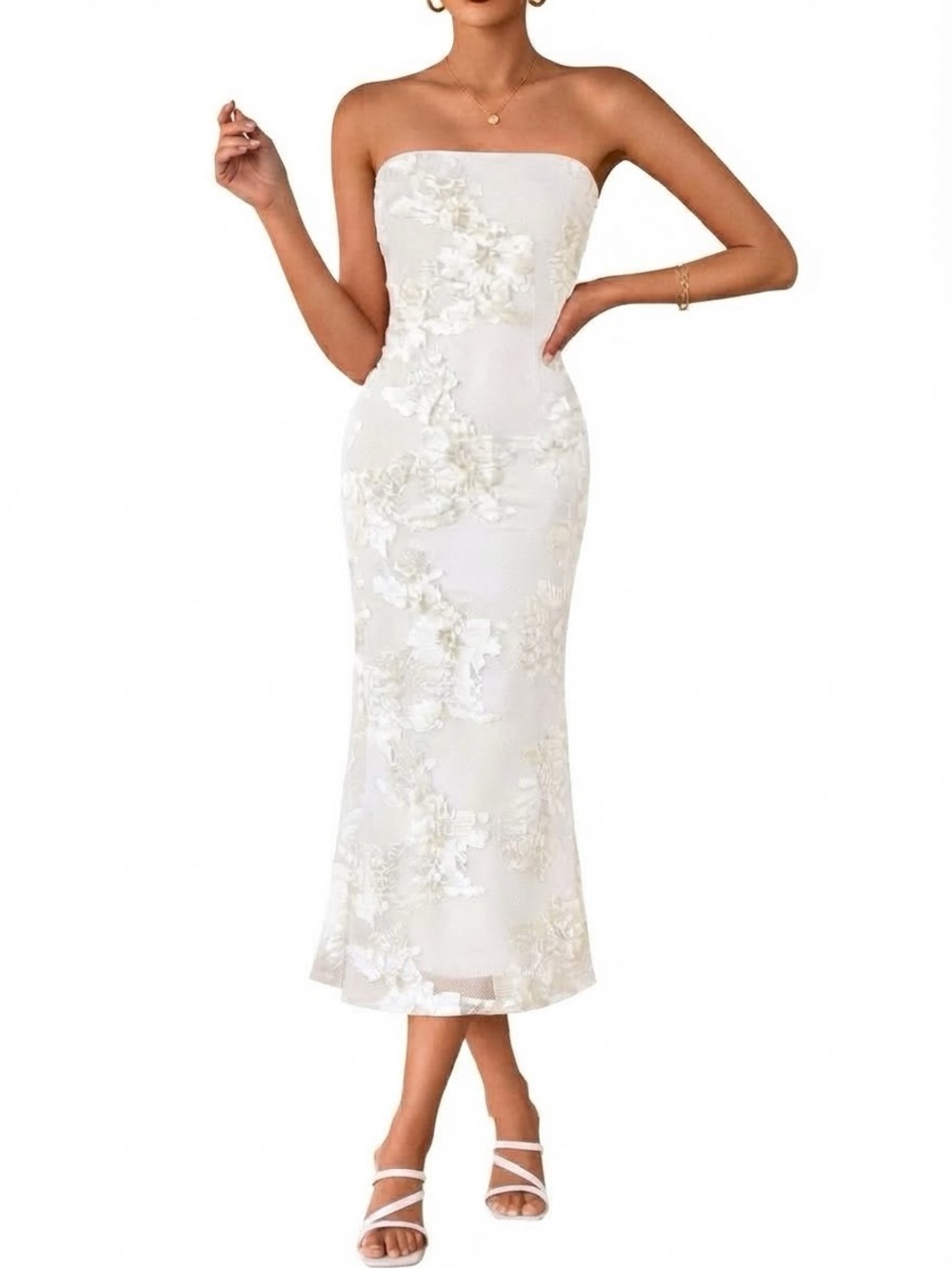 ZESICA Women’s White Strapless Floral Embroidered Midi Maxi Dress